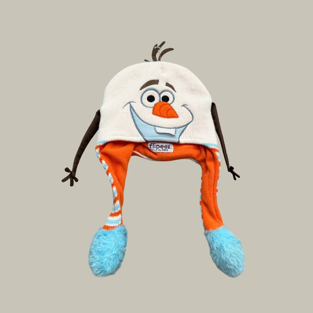 Disney Frozen Olaf Flipeez Beanie Hat White Orange Blue Knit Ear Flap One Size